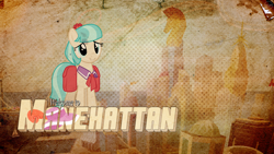 Size: 1920x1080 | Tagged: safe, artist:canon-lb, artist:centerdave77, character:coco pommel, species:earth pony, species:pony, clothing, crystaller building, cutie mark, female, grunge, hat, manehattan, mare, saddle bag, solo, vector, wallpaper