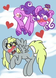 Size: 594x820 | Tagged: safe, artist:colorfulwonders, character:derpy hooves, character:screwball, species:pegasus, species:pony, ship:derpball, blushing, derpball, female, flying, heart, lesbian, mare, shipping