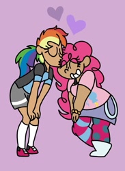 Size: 595x814 | Tagged: safe, artist:colorfulwonders, character:pinkie pie, character:rainbow dash, species:human, ship:pinkiedash, chubby, eyes closed, female, heart, humanized, kissing, lesbian, shipping