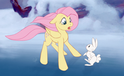 Size: 1000x617 | Tagged: safe, artist:rollingrabbit, character:angel bunny, character:fluttershy, species:pegasus, species:pony, species:rabbit, bambi, disney, duo, female, ice, male, mare, parody, snow, style emulation, winter