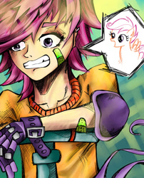 Size: 900x1112 | Tagged: safe, artist:buckingawesomeart, character:scootaloo, species:human, clothing, female, humanized, scooter, solo