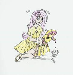 Size: 701x720 | Tagged: safe, artist:faroth, character:angel bunny, character:fluttershy, character:sunset shimmer, species:human, species:pony, humanized, traditional art