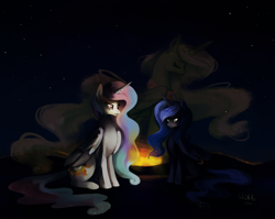 Size: 1300x1037 | Tagged: safe, artist:cuteskitty, character:princess celestia, character:princess luna, species:alicorn, species:pony, fanfic:the price of grace, duo, fanfic, fanfic art, female, glow, mare, night, sisters, sitting