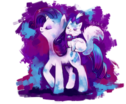 Size: 3000x2500 | Tagged: safe, artist:cuteskitty, character:opalescence, character:rarity, species:pony, species:unicorn, abstract background, eyes closed, female, high res, mare, profile, riding, smiling