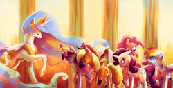 Size: 4920x2500 | Tagged: safe, artist:cuteskitty, character:applejack, character:fluttershy, character:pinkie pie, character:princess celestia, character:rainbow dash, character:rarity, character:twilight sparkle, species:alicorn, species:earth pony, species:pegasus, species:pony, species:unicorn, annoyed, big crown thingy, blep, bowing, color porn, element of generosity, element of honesty, element of loyalty, element of magic, elements of harmony, ethereal mane, eyes closed, eyestrain warning, featured on derpibooru, female, floppy ears, frown, galaxy mane, glare, looking back, mane six, mare, pinkie being pinkie, raised hoof, smiling, teasing, tongue out, unamused