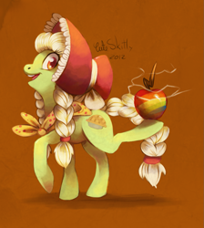 Size: 1047x1167 | Tagged: safe, artist:cuteskitty, character:granny smith, species:earth pony, species:pony, apple, balancing, female, mare, solo, young granny smith, younger, zap apple