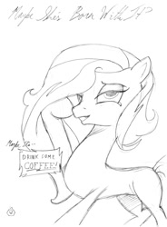 Size: 882x1200 | Tagged: safe, artist:woodcase, character:amira, species:pony, g4, barista amira, female, mare, maybelline (brand), monochrome, parody, saddle arabian, simple background, sketch, solo, white background