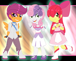 Size: 1992x1612 | Tagged: safe, artist:tomocreations, character:apple bloom, character:scootaloo, character:sweetie belle, my little pony:equestria girls, clothing, cutie mark crusaders