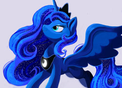 Size: 2800x2000 | Tagged: safe, artist:shira-hedgie, character:princess luna, species:alicorn, species:pony, blue eyes, crown, ethereal mane, eyelashes, female, happy, horn, jewelry, looking up, regalia, simple background, smiling, solo, spread wings, wavy mane, white background, wings