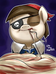 Size: 1542x2027 | Tagged: safe, artist:ohmymarton, character:pipsqueak, eating, eyepatch, male, messy eating, pipsqueak eating spaghetti, pirate, solo, spaghetti