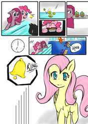 Size: 2480x3508 | Tagged: safe, artist:drhikari, character:fluttershy, character:pinkamena diane pie, character:pinkie pie, comic:dealing with depression, bits, clock, comic, cupcake, doorbell, food, pie