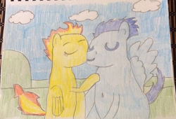 Size: 800x544 | Tagged: safe, artist:vazquezg19, character:soarin', character:spitfire, ship:soarinfire, female, male, shipping, straight, traditional art