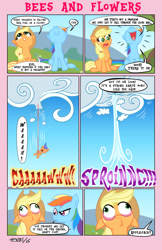 Size: 792x1224 | Tagged: safe, artist:henbe, character:applejack, character:rainbow dash, birth, bungee jumping, cloud, comic, crying, dialogue, foal, freckles, offscreen character, open mouth, outdoors, sitting, smiling, speech bubble, stunned, umbilical cord, what has been seen