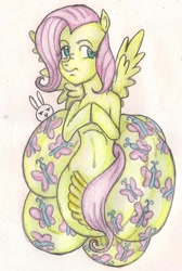Size: 691x1026 | Tagged: safe, artist:thegloriesbigj, character:angel bunny, character:fluttershy, species:lamia, belly button, female, fluttersnake, nightmare fuel, original species, solo, species swap, traditional art
