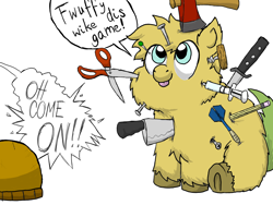 Size: 1600x1200 | Tagged: safe, artist:fluffytaffy, artist:the mungoman, abuse, axe, blep, corkscrew, dart, fluffy pony, fluffy pony grimdark, grimderp, invulnerability, knife, looking up, nail, needle, oh come on, pencil, pin, scissors, screw, simple background, sitting, smiling, syringe, tongue out, underhoof, weapon, white background