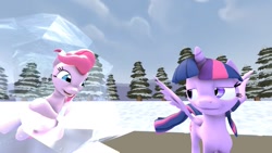 Size: 1191x670 | Tagged: safe, artist:the-lunar-brony, character:pinkie pie, character:twilight sparkle, character:twilight sparkle (alicorn), species:alicorn, species:pony, 3d, encasement, female, frozen, mare, snow, source filmmaker, wind
