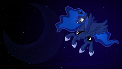 Size: 1920x1080 | Tagged: safe, artist:stardustxiii, character:princess luna, species:alicorn, species:pony, female, flying, mare, night, smiling, solo, stars, wallpaper