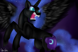 Size: 1500x1000 | Tagged: safe, artist:gloriajoy, character:nightmare moon, character:princess luna, species:alicorn, species:pony, female, growling, open mouth, rearing, sharp teeth, solo, spread wings, wings