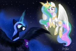 Size: 1500x1000 | Tagged: safe, artist:gloriajoy, character:nightmare moon, character:princess celestia, character:princess luna, confrontation, flying, gritted teeth, magic, spread wings, wings