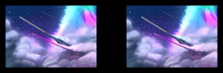 Size: 3824x1260 | Tagged: safe, artist:thorinair, artist:underpable, character:rainbow dash, character:twilight sparkle, character:twilight sparkle (alicorn), species:alicorn, species:pony, g4, my little pony: friendship is magic, cloud, cloudy, cross eye stereogram, duo, epic, female, flying, mare, night, rainbow trail, shooting star, shooting stars, sky, sonic rainboom, sonic xboom, speed trail, stereoscopy, trail, woah