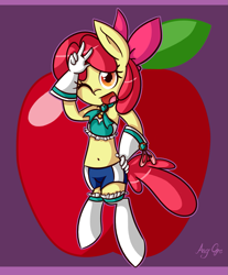 Size: 1181x1425 | Tagged: safe, artist:anggrc, character:apple bloom, species:anthro, apple bloomers, belly button, female, midriff, peace sign, sailor moon, solo, wink
