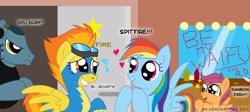 Size: 1523x685 | Tagged: safe, artist:gonzahermeg, character:rainbow dash, character:scootaloo, character:spitfire, oc, species:pegasus, species:pony, clothing, dressing room, earbuds, female, filly, goggles, male, mare, scootalove, stalker, stallion, uniform, waifu, wonderbolts uniform