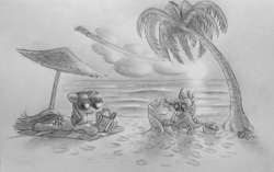 Size: 1400x877 | Tagged: safe, artist:deathcutlet, character:rainbow dash, character:rarity, character:spike, character:twilight sparkle, species:dragon, species:pony, beach, beach umbrella, grayscale, monochrome, palm tree, sand sculpture, sketch, sunglasses, traditional art, tree