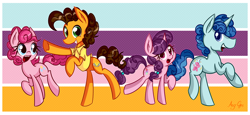 Size: 3000x1376 | Tagged: safe, artist:anggrc, character:cheese sandwich, character:party favor, character:pinkie pie, character:sugar belle, episode:the cutie map, g4, my little pony: friendship is magic, party quartet, party trio