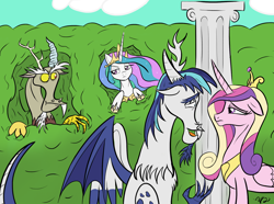 Size: 1652x1228 | Tagged: safe, artist:winterdominus, character:discord, character:princess cadance, character:princess celestia, character:shining armor, species:draconequus, draconequified, species swap