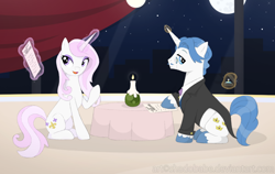 Size: 1100x695 | Tagged: safe, artist:shadobabe, character:fancypants, character:fleur-de-lis, species:pony, species:unicorn, ship:fancyfleur, candlelight dinner, engagement ring, female, looking back, magic, male, marriage proposal, moon, night, open mouth, restaurant, ring, shipping, skyline, smiling, straight, wedding ring