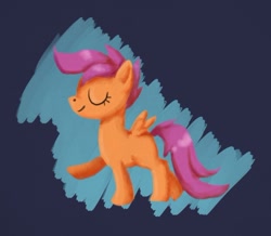 Size: 640x559 | Tagged: safe, artist:paintrolleire, character:scootaloo, species:pegasus, species:pony, abstract background, eyes closed, female, filly, raised leg, smiling, solo, spread wings, wings