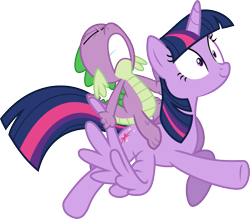 Size: 709x622 | Tagged: safe, artist:thorinair, character:spike, character:twilight sparkle, character:twilight sparkle (alicorn), species:alicorn, species:dragon, species:pony, ponyscape, episode:castle sweet castle, g4, my little pony: friendship is magic, dragons riding ponies, female, mare, simple background, svg, transparent background, vector, wing pull