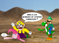 Size: 1364x999 | Tagged: safe, artist:zefrenchm, character:pinkie pie, crossover, french, humans riding ponies, luigi, nintendo, riding, super mario bros., translated in the description, wario, yoshi
