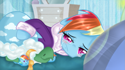 Size: 851x479 | Tagged: safe, artist:moonlightprincess002, character:rainbow dash, character:tank, episode:tanks for the memories, g4, my little pony: friendship is magic, bathrobe, clothing, crying, dashie slippers, hug, robe