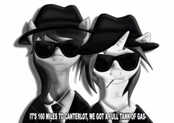 Size: 4961x3508 | Tagged: safe, artist:toonlancer, character:dj pon-3, character:octavia melody, character:vinyl scratch, absurd resolution, blues brothers, clothing, hat, monochrome, suit, sunglasses