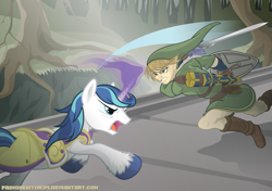 Size: 2569x1813 | Tagged: safe, artist:primogenitor34, character:shining armor, species:pony, species:unicorn, crossover, duo, fight, forest, hylian, link, magic, magic aura, male, nintendo, royal guard, ruins, stallion, the legend of zelda