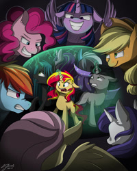 Size: 800x1000 | Tagged: safe, artist:eljonek, character:applejack, character:fluttershy, character:king sombra, character:pinkie pie, character:queen chrysalis, character:rainbow dash, character:rarity, character:starlight glimmer, character:sunset shimmer, character:trixie, character:twilight sparkle, character:twilight sparkle (alicorn), species:alicorn, species:pony, alternate universe, evil, evil grin, evil mane six, female, grin, mane six, mare, reversed, role reversal