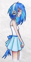 Size: 660x1302 | Tagged: safe, artist:eljonek, character:dj pon-3, character:vinyl scratch, species:human, clothing, female, headphones, humanized, looking at you, skinny, skirt, solo, traditional art