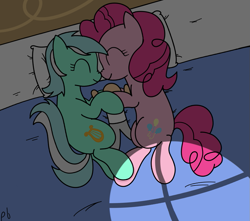 Size: 899x796 | Tagged: safe, artist:pbhorse, character:lyra heartstrings, character:pinkie pie, species:human, species:pony, bed, female, giant pony, lesbian, lyrapie, shipping, sleeping, snuggling, that pony sure does love humans