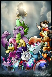 Size: 720x1050 | Tagged: safe, artist:mewy101, character:applejack, character:fluttershy, character:pinkie pie, character:princess celestia, character:rainbow dash, character:rarity, character:spike, character:twilight sparkle, avengers, avengers: age of ultron, black widow (marvel), captain america, hawkeye, iron man, mane six, marvel, pietro maximoff, quicksilver (marvel comics), scarlet witch, the incredible hulk, thor, vision (marvel comics), wanda maximoff