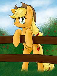 Size: 900x1200 | Tagged: safe, artist:stardustxiii, character:applejack, female, fence, solo