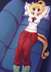 Size: 500x706 | Tagged: safe, artist:meltyvixen, oc, oc only, oc:fantasy incantation, species:anthro, ambiguous facial structure, anthro oc, belly button, bunny slippers, clothing, commission, couch, midriff, on back, pants, relaxing, slippers, solo, sweatpants