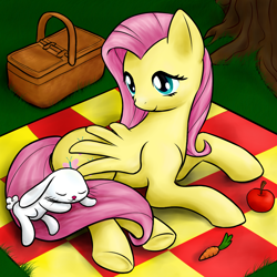 Size: 1000x1000 | Tagged: safe, artist:stardustxiii, character:angel bunny, character:fluttershy, basket, carrot, picnic