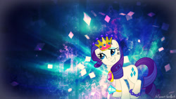 Size: 2000x1125 | Tagged: safe, artist:flizzick, artist:xxstrawberry-rosexx, character:rarity, species:pony, species:unicorn, beads, crown, female, mare, necklace, ring, smiling, solo, vector, wallpaper