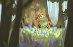 Size: 1125x730 | Tagged: safe, artist:verrmont, character:tree hugger, species:earth pony, species:pony, episode:make new friends but keep discord, g4, my little pony: friendship is magic, female, flower, forest, solo