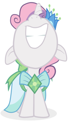 Size: 1707x3000 | Tagged: safe, artist:arcum42, character:sweetie belle, episode:make new friends but keep discord, g4, my little pony: friendship is magic, clothing, dress, female, gala dress, grin, nose in the air, simple background, solo, white background