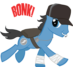 Size: 758x699 | Tagged: safe, artist:ah-darnit, species:earth pony, species:pony, bandage, bonk, clothing, grin, hat, headset, looking back, microphone, ponified, running, scout, simple background, smirk, solo, team fortress 2, transparent background, vector