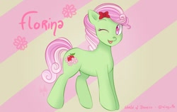 Size: 1124x710 | Tagged: safe, artist:liny-an, character:florina tart, species:earth pony, species:pony, apple family member, flower, one eye closed, ribbon, solo, wink