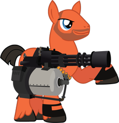 Size: 1041x1079 | Tagged: safe, artist:ah-darnit, species:earth pony, species:pony, bald, crossover, heavy weapons guy, heavy weapons pony, minigun, ponified, raised hoof, short tail, simple background, smiling, solo, stubble, team fortress 2, transparent background, vector