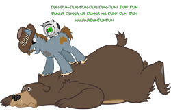 Size: 1500x970 | Tagged: safe, artist:ah-darnit, species:earth pony, species:pony, adventure core, bear, clothing, crossover, dialogue, duo, facial hair, hat, male, moustache, ponified, portal (valve), portal 2, rick, saxton hale, simple background, stallion, team fortress 2, transparent background, vector